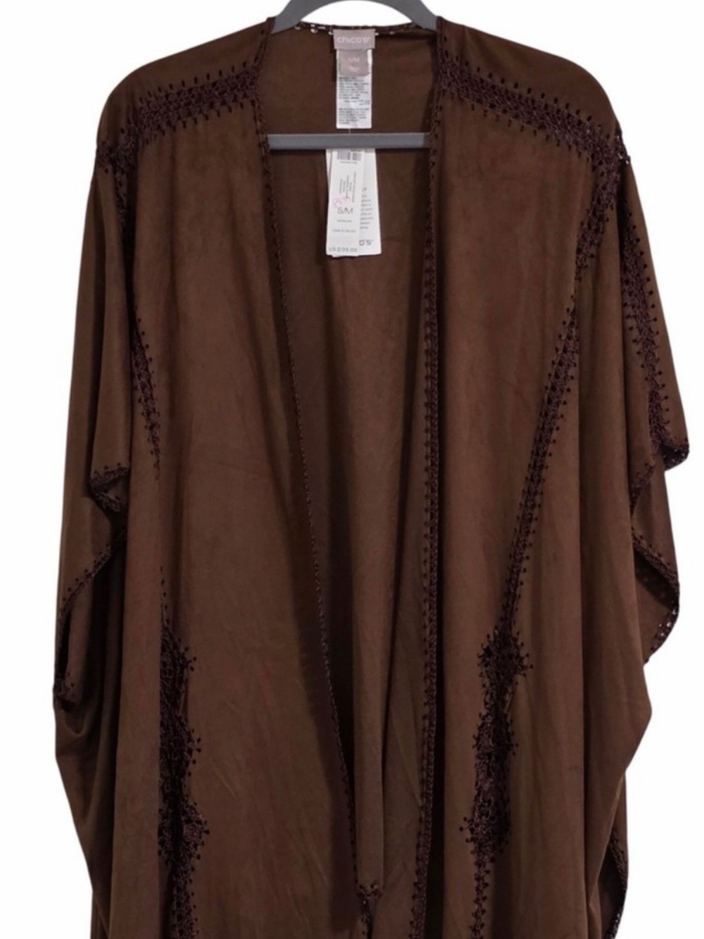 Chico's Brown Open-Front Embroidered Kimono Cardigan